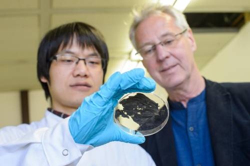 Lo que parece un vulgar trozo de papel quemado es en realidad un superconductor ultrafino y flexible que ha sido desarrollado por el equipo de Uwe Hartmann (derecha) y Xian Lin Zeng. /Foto: noticiasdelaciencia